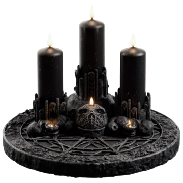 Dark gothic altar setup with candles and eerie atmosphere on transparent background
