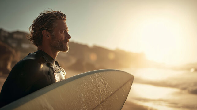 Mature man carrying surfboard
