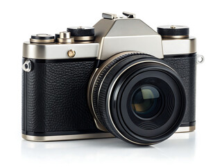 Classic silver and black vintage slr camera with lens