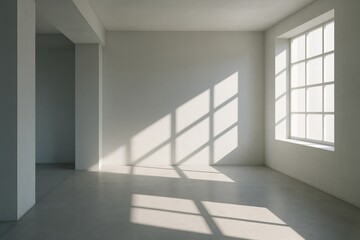 Obraz premium Pristine white minimalist room with single window casting geometric shadows and soft natural light on clean architectural surfaces