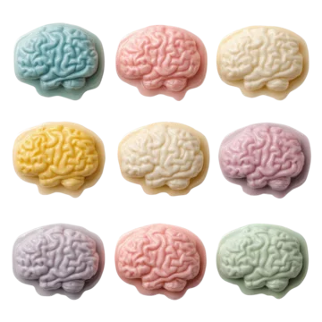 Isolated brain shaped candies in retro halloween style on transparent background