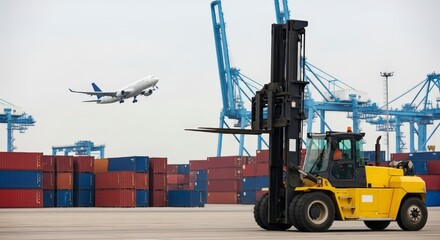 Industrial Logistics Scene with Yellow Forklift Cargo Containers and Airplane at a Busy Shipping Port