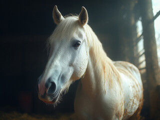 Majestic white horse with flowing mane stands in a rustic barn, illuminated by soft natural light, showcasing its beauty and grace in a serene environment