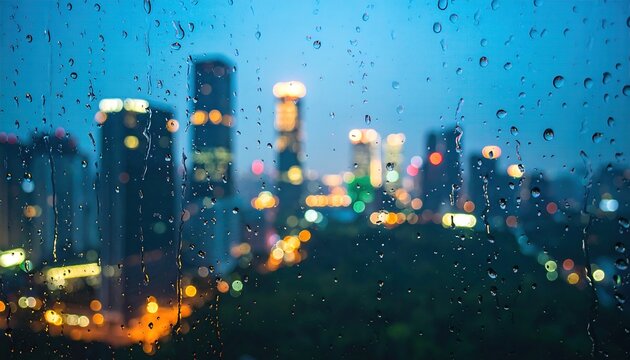 Raindrops on Glass with Blurry City Lights at Night Atmospheric View with Abstract Backdrop