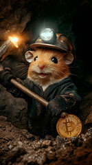 Cute hamster in miner outfit holding pickaxe and cryptocurrency coin,