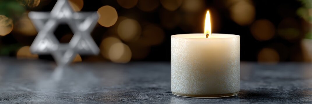 yahrzeit memorial banner, glowing yahrzeit candle and subtle star of david create a spiritual atmosphere high-detail, cinematic realism