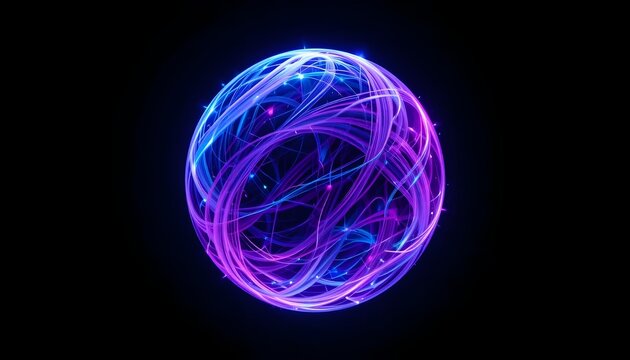 Blue and purple neon 3d sphere of gradient waves and glowing particles. Abstract technology concept, Artificial Intelligence, engineering, big data, and innovations. Vibrant futuristic sphere.