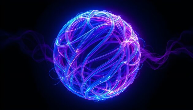 Glowing 3D energy sphere with blue and purple strands, perfect for quantum, tech, or futuristic science visuals.