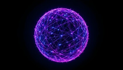 Neon futuristic 3d sphere of blue and purple glowing digital waves and particles. Future technology concept, Artificial Intelligence, engineering, and science. Abstract energy orb. Data, innovations. 