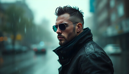 young brutal man, light stubble, in sunglasses and jacket, in heavy rain in autumn on city street.