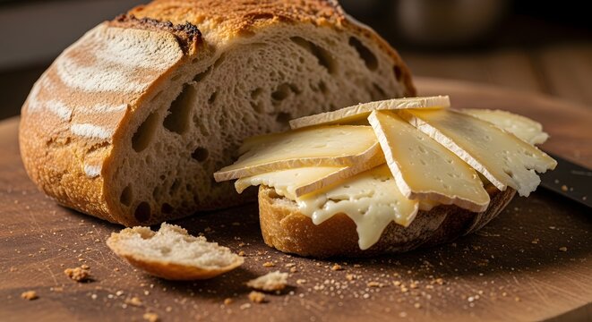 Deliciously rustic sourdough bread loaf with thin slices of cheese layered on a crusty bread slice on a wooden board