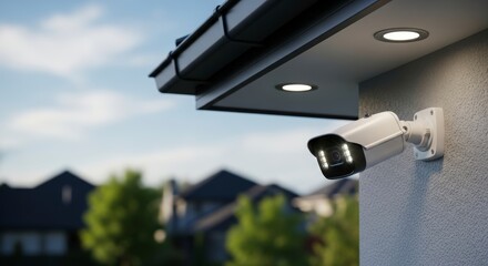 Modern Home Security Camera with Illuminated Leds on a House Exterior Wall Monitoring a Suburban Neighborhood