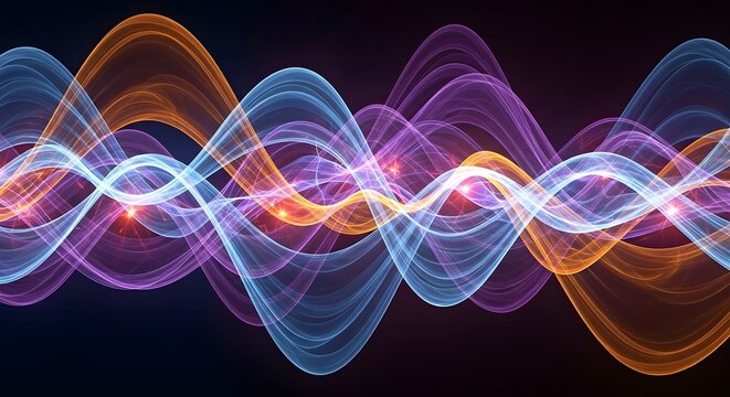 Vibrant abstract sound wave visualization with glowing colorful frequencies and energy patterns on a dark background