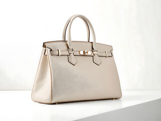 Elegant cream leather top handle handbag with gold hardware