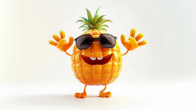 Cute pineapple character with sunglasses and happy expression waving hands. Summer fruit mascot for fun holiday footage.