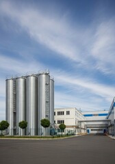 Modern Industrial Factory with Large Silver Storage Silos Under a Bright Blue Sky