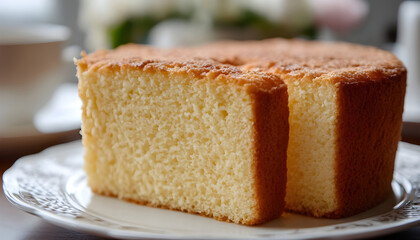 Delicious slice of sponge cake light, fluffy texture, golden crust. Tempting dessert snack, made with egg, perfect for tea time. Enjoy tasty treat