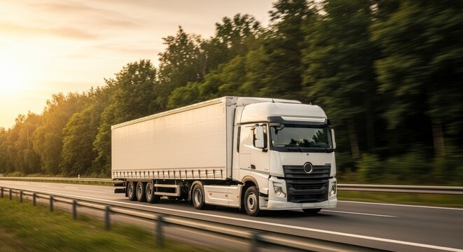 Modern White Semi Truck Driving on a Rural Highway at Sunset