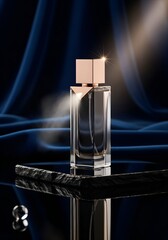 Exquisite Luxury Perfume Bottle with Ethereal Mist and Spotlight on Velvety Background, High-End Commercial Photography.