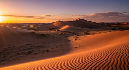 Golden desert dunes bathed in warm sunset light with rolling hills and dramatic sky creating a serene natural landscape