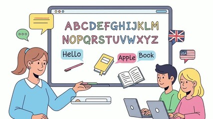 English language lesson with teacher and students using laptops for learning. - Powered by Adobe