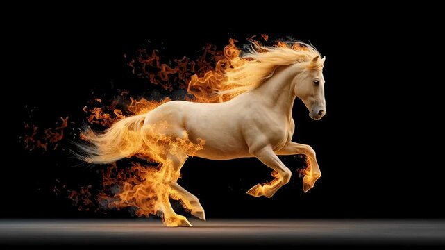 A horse running with fire trailing behind it, symbolizing speed and power. Dynamic energy concept, animation.