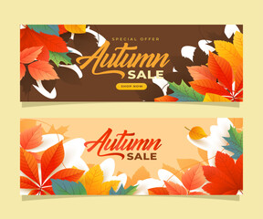 Autumn sale banner with vibrant fall leaves in orange, yellow, and red. Festive design with "Get up to 25%,50%,70% off" text, perfect for seasonal promotions, marketing, and social media campaigns.