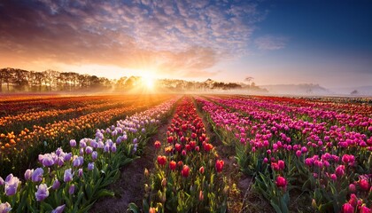 Obraz premium vibrant tulip field at sunrise