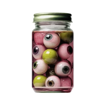 Dark gothic jar of eyeballs with horror atmosphere on transparent background