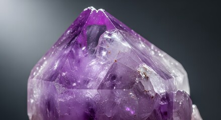 Close up macro view of a vibrant purple amethyst crystal point showcasing its natural facets and translucent beauty against a dark background