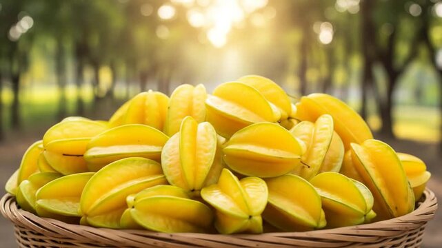 Pile of fresh yellow star fruit in a basket with a blurred background.