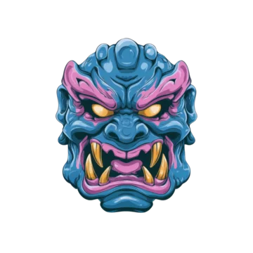 Isolated creepy monster mask with fangs in retro horror design on transparent background