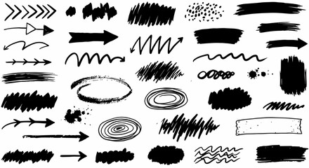 Collection of Hand Drawn Black Ink Grunge Scribble Brush Stroke and Arrow Elements for Creative Design Projects