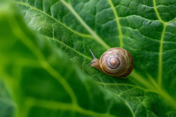 Snail slowly climbing a veined green leaf illuminated by soft diffused natural light in calm macro setting