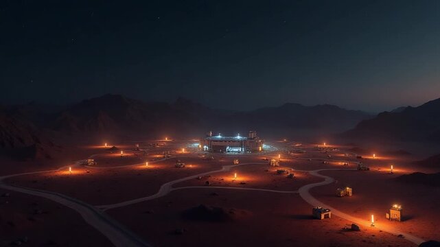 Mars colony base illuminated at night with habitats and vehicles in view
