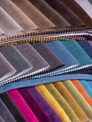 Furniture Textile samples. Soft upholstery fabrics. Collection of rough fabric for sofa, couch or chair. Tissue catalog for interior design.