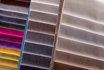 Furniture Textile samples. Soft upholstery fabrics. Collection of rough fabric for sofa, couch or chair. Tissue catalog for interior design.