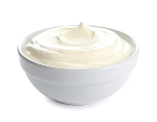 Creamy yogurt in a bowl against white