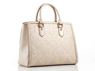 Elegant cream leather handbag with intricate embossing and gold hardware