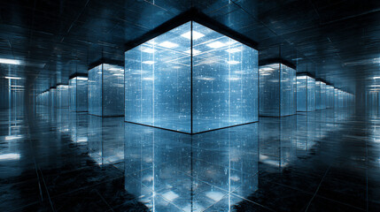Futuristic Holographic Data Cube in Blue Hue Glowing in Digital Hallway with Reflective Surfaces and Rotating Elements