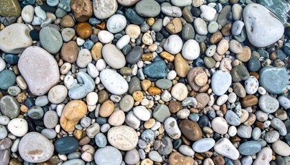 Top View of a Pebble Riverbed Displaying Rounded Stones in a Zen Neutral Pattern with Diverse Coloration