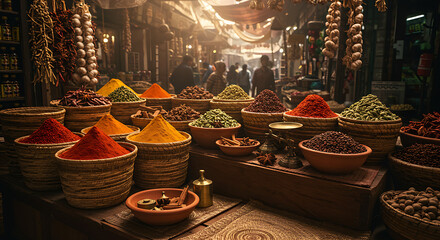 Vibrant spices and herbs in a bustling market setting, perfect for culinary and travel themes
