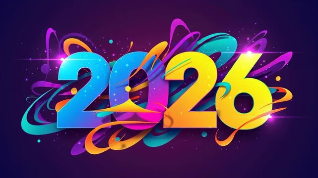 Colorful 2026 number with abstract shapes and glowing particles on dark background for new year concept animation.