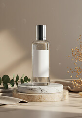 Elegant perfume bottle mockup on marble podium with natural light and decorative elements