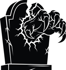 Obraz premium Monster Claw Breaking Through Tombstone a Graphic Illustration in Black and White for Spooky Themes