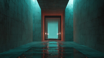 Futuristic Corridor with Levitating Elements and Holographic Features in a Minimalistic Brick Wall Setting