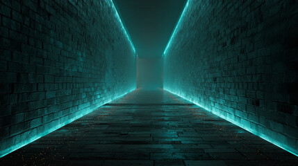 Futuristic Corridor with Holographic Effects and Glowing Brick Walls Leading to an Unseen Gateway with a Deep Sense of Mystery