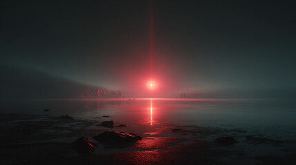 Dark Bay with Floating Red Rays and Shielding Elements in a Mysterious Atmosphere During Twilight Conditions