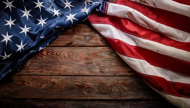 a rustic wooden background with an american flag draped across the texture of the wood contrasting with the vibrant colors of the flag creating a scene that speaks to the enduring spirit of the