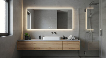 Modern bathroom design with illuminated mirror, wooden vanity, and glass shower, creating a spa-like atmosphere